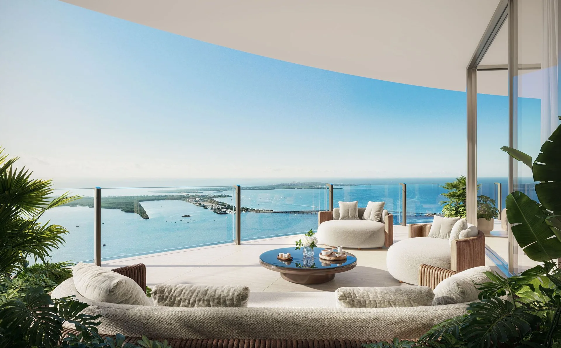 Terraza sobre Biscayne Bay con Key Biscayne y mar abierto al horizonte
